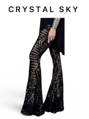 CRYSTAL SKY BLACK SEQUIN GEOMETRIC FLATE PANTS GLAM FESTIVAL DISCO SIZE MEDIUM